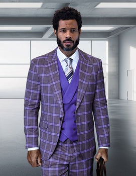 Statement Men's 3 Piece Plaid 100% Wool Modern Fit Suit - Double Breasted Vest