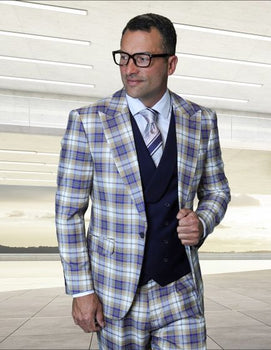 Statement Men's 3 Piece Plaid 100% Wool Modern Fit Suit - Double Breasted Vest