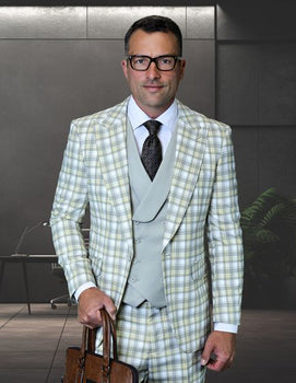 Statement Men's 3 Piece Plaid 100% Wool Modern Fit Suit - Double Breasted Vest