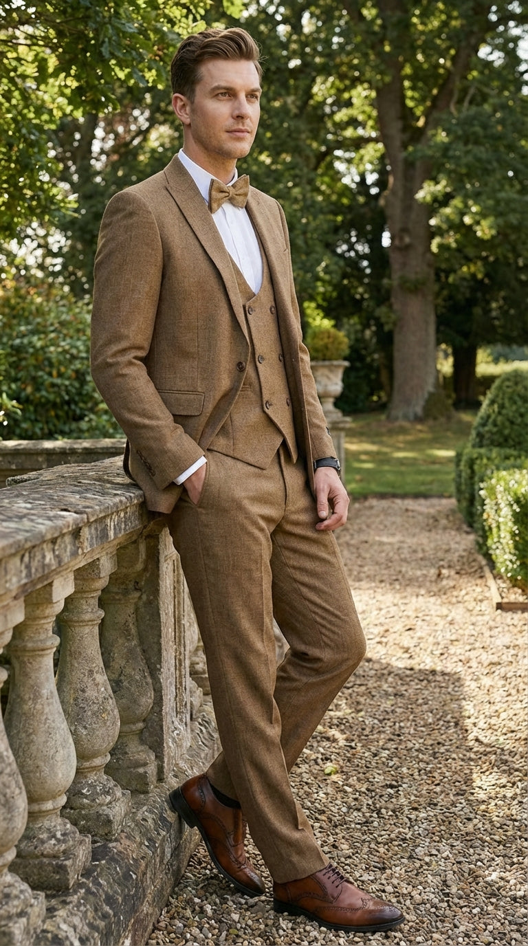 Mens Mocca Brown Taupe textured 1920s Great Gatsby Inspired Suit – Vintage Three Piece Retro Formal Suit Peak Lapel Modern Fit