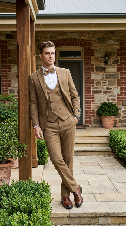 Mens Mocca Brown Taupe textured 1920s Great Gatsby Inspired Suit – Vintage Three Piece Retro Formal Suit Peak Lapel Modern Fit