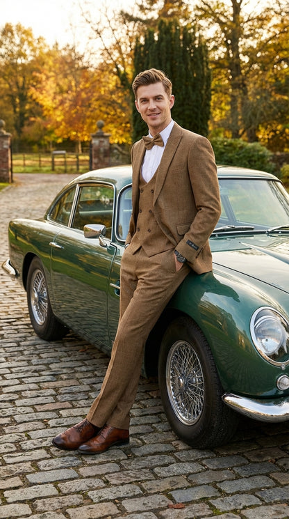 Mens Mocca Brown Taupe textured 1920s Great Gatsby Inspired Suit – Vintage Three Piece Retro Formal Suit Peak Lapel Modern Fit