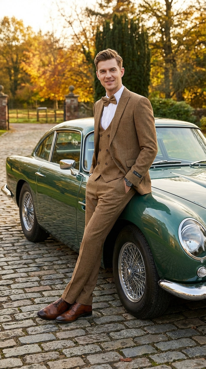 Mens Mocca Brown Taupe textured 1920s Great Gatsby Inspired Suit – Vintage Three Piece Retro Formal Suit Peak Lapel Modern Fit