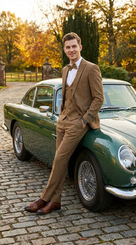 Mens Mocca Brown Taupe textured 1920s Great Gatsby Inspired Suit – Vintage Three Piece Retro Formal Suit Peak Lapel