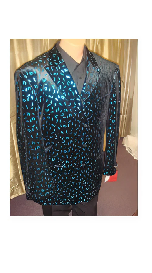 Men'S Velvet Blazer/ Jacket In Black/Turquoise ~ Light Blue Stage Party