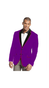 Velvet Velour Men'S Blazer Formal Sport Coat Two Tone Trimming Notch Collar Dark Purple