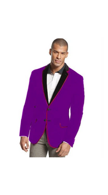 Velvet Velour Men'S Blazer Formal Sport Coat Two Tone Trimming Notch Collar Dark Purple