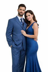 Three Button Suit - Classic Fit Pleated Pants - Mens 3 Button Texured Classic Fit Pleated Blue Pant Suit