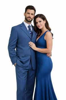 Three Button Suit - Classic Fit Pleated Pants - Mens 3 Button Texured Classic Fit Pleated Blue Pant Suit