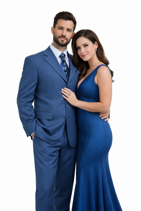 Three Button Suit - Classic Fit Pleated Pants - Mens 3 Button Texured Classic Fit Pleated Blue Pant Suit