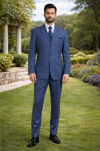 Three Button Suit - Classic Fit Pleated Pants - Mens 3 Button Texured Classic Fit Pleated Blue Pant Suit