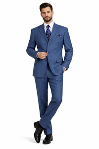 Three Button Suit - Classic Fit Pleated Pants - Mens 3 Button Texured Classic Fit Pleated Blue Pant Suit