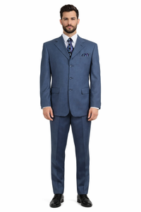 Three Button Suit - Classic Fit Pleated Pants - Mens 3 Button Texured Classic Fit Pleated Blue Pant Suit