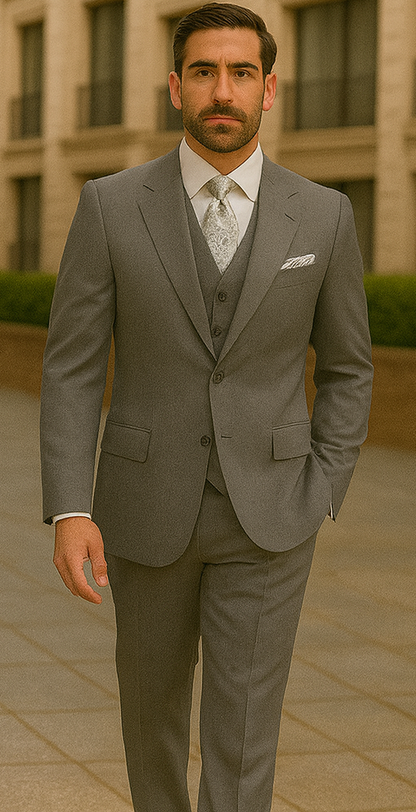 Three Button Suit - Classic Fit Pleated Pants - Mens Three Button Classic Fit Light Grey Vested Suit