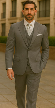 Three Button Suit - Classic Fit Pleated Pants - Mens Three Button Classic Fit Light Grey Vested Suit