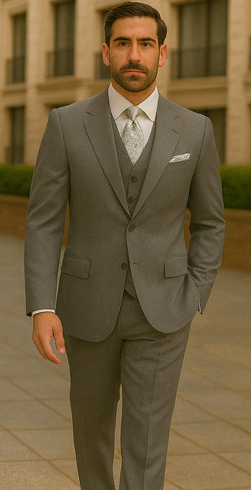Three Button Suit - Classic Fit Pleated Pants - Mens Three Button Classic Fit Light Grey Vested Suit