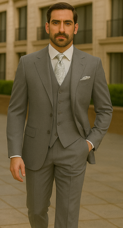 Three Button Suit - Classic Fit Pleated Pants - Mens Three Button Classic Fit Light Grey Vested Suit