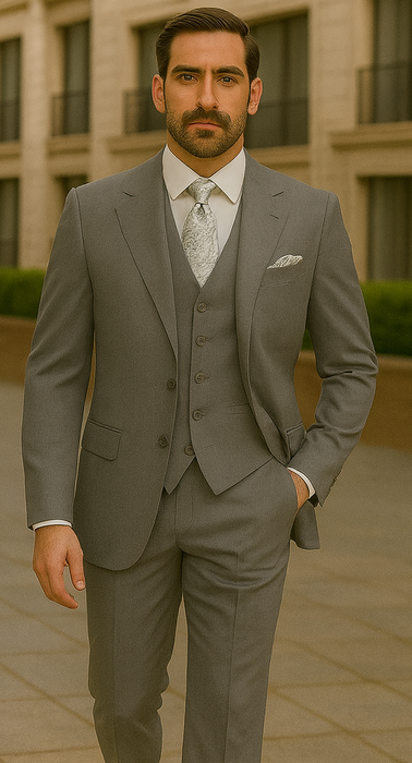 Three Button Suit - Classic Fit Pleated Pants - Mens Three Button Classic Fit Light Grey Vested Suit