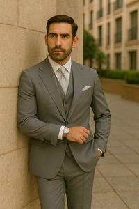 Three Button Suit - Classic Fit Pleated Pants - Mens Three Button Classic Fit Light Grey Vested Suit