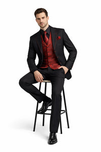 Mens Three Piece Suits - Vested Suit Mens Black/Red Jacket With Bold Vest with matching Tie and Hankie