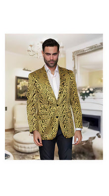 Alberto Nardoni Floral Paisley Shiny Satin Stage Party Two Toned Blazer / Sport coat / Jacket Gold