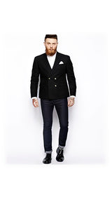 Men's Four Button Indigo Navy Plaid Window Pane Men's Double Breasted Suits Jacket Blazer