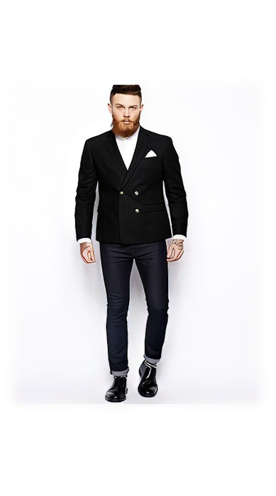 Men's Four Button Indigo Navy Plaid Window Pane Men's Double Breasted Suits Jacket Blazer