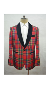 PLAID-235 Tartan - Red Plaid Shawl Holiday Blazer | Dinner Jacket