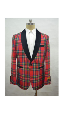 PLAID-235 Tartan - Red Plaid Shawl Holiday Blazer | Dinner Jacket