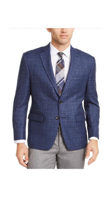 Men's Plaid Windowpane Checker Slim Fit Blazer Blue