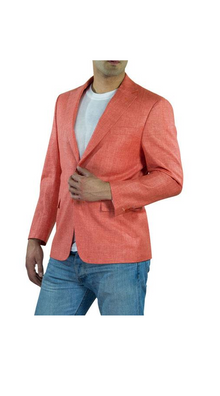 Alberto Nardoni Brand Men'S One Ticket Pocket Salmon ~ Coral Color Thread & Stitch 100% Linen Blazer