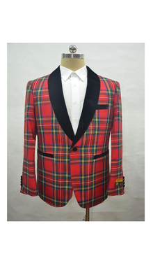 Men's Tartan - Plaid Red Cuff Link One Chest Pocket One Button Shawl Lapel Blazer