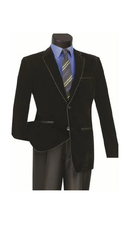 Men's Black Prom Party Blazer – Modern Fit 2-Button Velvet-Style Designer Dinner Jacket with Contrast Piping