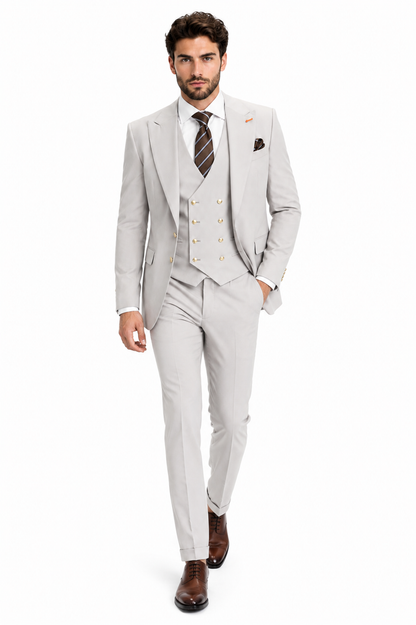Men's Ash Statement Ticket Pocket Peak Lapel Wool Double Breasted Vest Suit with Gold Buttons – Modern Fit