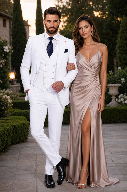 Men's White Statement Ticket Pocket Peak Lapel Wool Double Breasted Vest Suit with Gold Buttons – Modern Fit