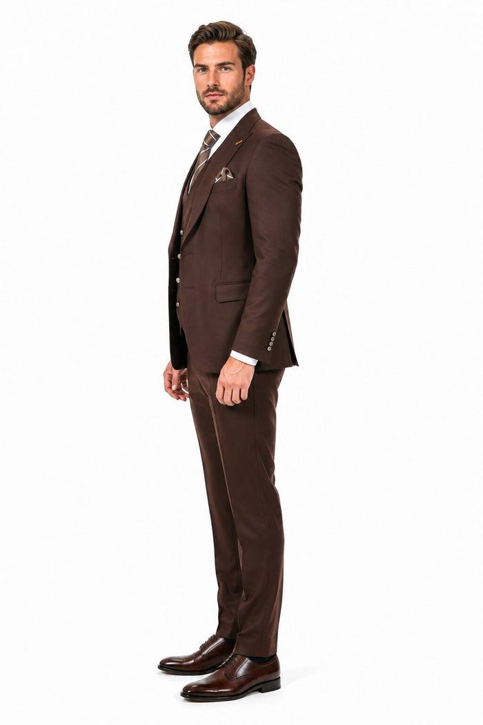 Men's Brown Statement Ticket Pocket Peak Lapel Wool Double Breasted Vest Suit with Silver Buttons – Modern Fit