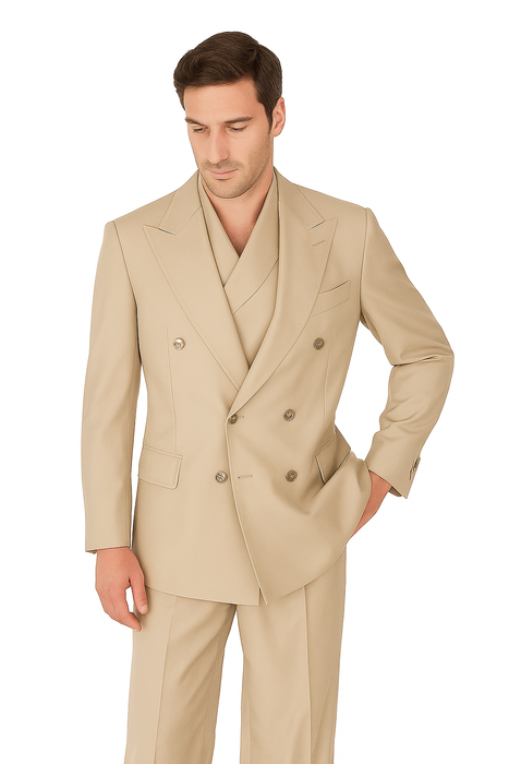 Tiglio Rosso Suit  - Classic Fit Athletic Cut 100% Wool Super 150s Italian Fabric Peak Lapel in Color Light Tan