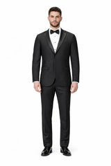 Tiglio Mens Slim Fit Black Wool Tuxedo – Satin Peak Lapel Formal Dinner Suit
