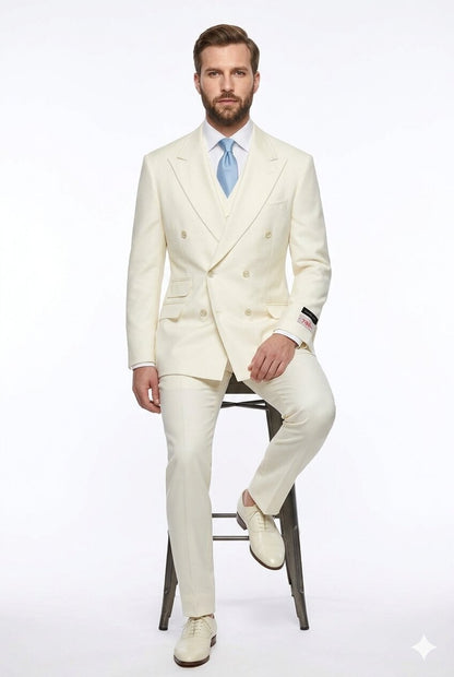 Tiglio Italian Suit - Real Wool Fabric Super 150's EST Off-White, Wide Leg Suit & Vest in Color Off-White