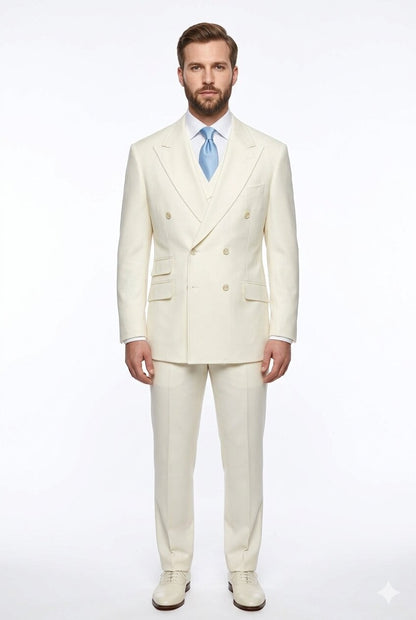Tiglio Italian Suit - Real Wool Fabric Super 150's EST Off-White, Wide Leg Suit & Vest in Color Off-White