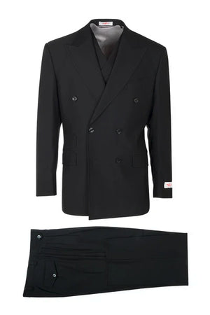 Tiglio Rosso Brand - Classic Suit Fit Pleated Pants Athletic Cut Real Wool Fabric Suit Peak Lapel in Color Black Semi Wide leg Slack