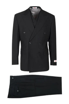 Tiglio Rosso Brand - Classic Suit Fit Pleated Pants Athletic Cut Real Wool Fabric Suit Peak Lapel in Color Black Semi Wide leg Slack