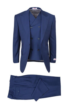 Tiglio Rosso Brand - Classic Suit Fit Pleated Pants Athletic Cut Real Wool Fabric Suit Peak Lapel in Color French Blue Semi Wide leg Slack