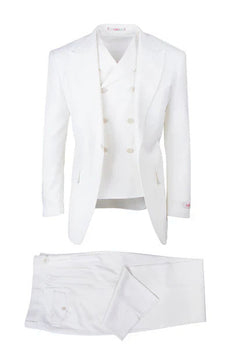 Tiglio Rosso Brand - Classic Suit Fit Pleated Pants Athletic Cut Real Wool Fabric Suit Peak Lapel in Color Off White Semi Wide leg Slack