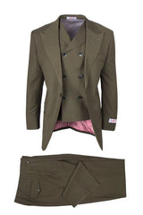 Tiglio Rosso Brand - Classic Suit Fit Pleated Pants Athletic Cut Real Wool Fabric Suit Peak Lapel in Color Olive Semi Wide leg Slack