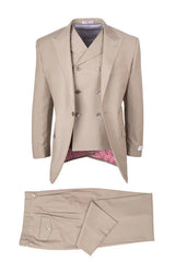 Tiglio Rosso Brand - Classic Suit Fit Pleated Pants Athletic Cut Real Wool Fabric Suit Peak Lapel in Color Tan Semi Wide leg Slack