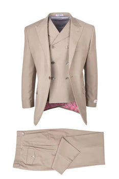 Tiglio Rosso Brand - Classic Suit Fit Pleated Pants Athletic Cut Real Wool Fabric Suit Peak Lapel in Color Tan Semi Wide leg Slack