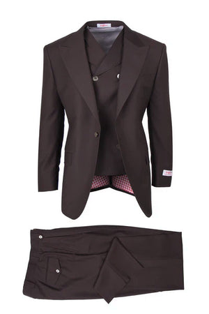 Tiglio Rosso Brand - Classic Suit Fit Pleated Pants Athletic Cut Real Wool Fabric Suit Peak Lapel Semi Wide leg Slack in Color Brown