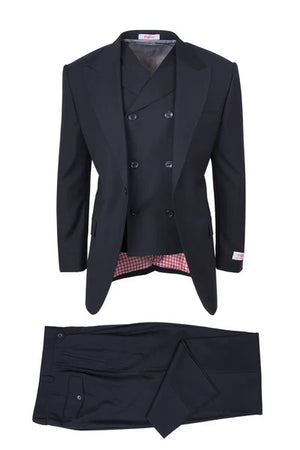 Tiglio Rosso Brand - Classic Suit Fit Pleated Pants Athletic Cut Real Wool Fabric Suit Peak Lapel Semi Wide leg Slack in Color Navy