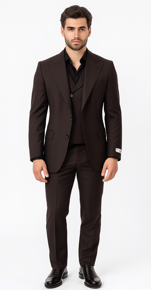 Tiglio Rosso Men’s Choclate Brown 3 Piece Suit –Double Breasted Vest with Classic Fit 100% Wool Super 150's Fabric - Pleated Pants